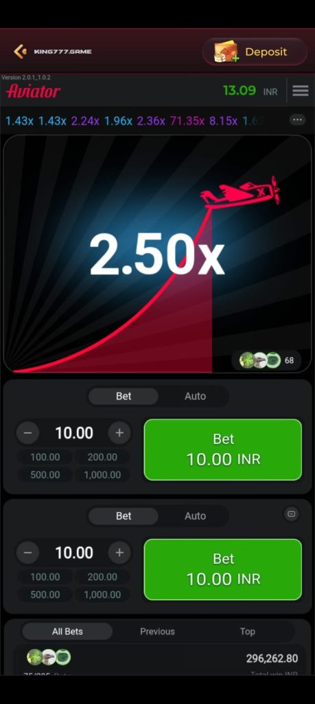 KING 777 Game Aviator screen showing multiplier graph, betting controls and game interface