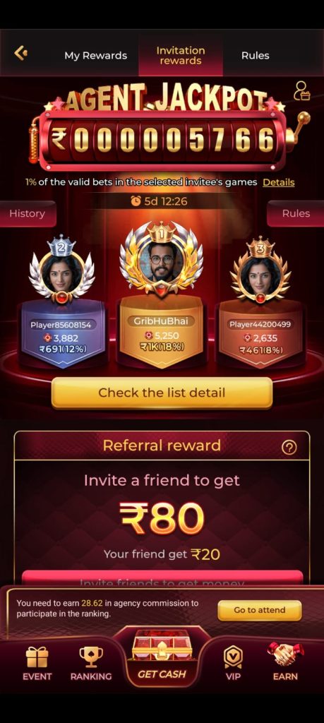 KING 777 Game agent jackpot leaderboard showing referral rewards and ranking details