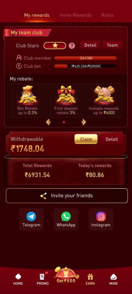 KING 777 Game rewards dashboard showing team club, rebate benefits and withdrawable rewards