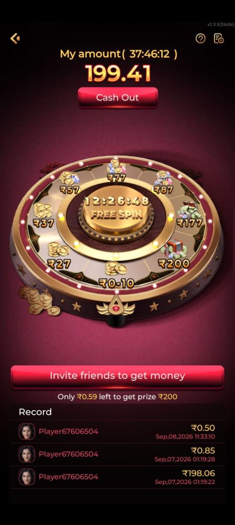 KING 777 Game free spin wheel with cash out balance and reward record section